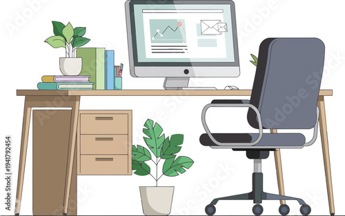 Modern office desk illustration, minimalist workspace featuring computer chair and decorative plants for modern workplace productivity and home office design.