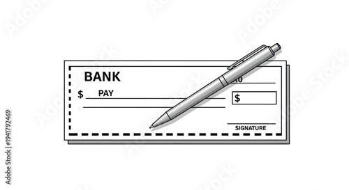 A silver pen rests across a blank bank check ready for use