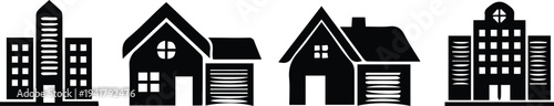 Black and white illustration of four different houses in a row