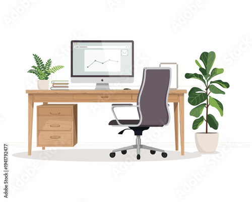 Modern office desk illustration, workspace with computer chair and plants representing productivity, remote work, and a contemporary office environment.