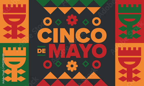 Cinco de Mayo in Mexico. Traditional mexican fiesta in May. National happy holiday with carnival, festival and parade. Latin american and spanish pattern. Illustration with sombrero. Vector poster