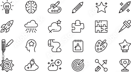 Set of twenty four black and white representing creativity and problem solving light bulb