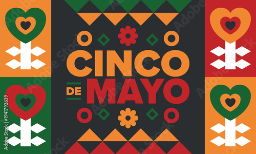 Cinco de Mayo in Mexico. Traditional mexican fiesta in May. National happy holiday with carnival, festival and parade. Latin american and spanish pattern. Illustration with sombrero. Vector poster