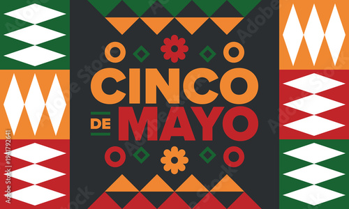 Cinco de Mayo in Mexico. Traditional mexican fiesta in May. National happy holiday with carnival, festival and parade. Latin american and spanish pattern. Illustration with sombrero. Vector poster