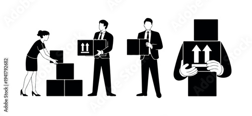 Silhouettes of workers are carefully handling and stacking various shipping boxes for transport