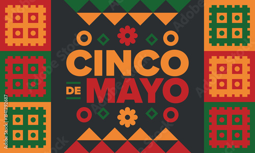 Cinco de Mayo in Mexico. Traditional mexican fiesta in May. National happy holiday with carnival, festival and parade. Latin american and spanish pattern. Illustration with sombrero. Vector poster