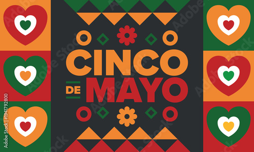 Cinco de Mayo in Mexico. Traditional mexican fiesta in May. National happy holiday with carnival, festival and parade. Latin american and spanish pattern. Illustration with sombrero. Vector poster