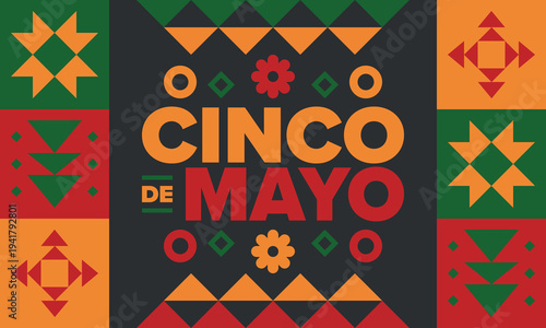 Cinco de Mayo in Mexico. Traditional mexican fiesta in May. National happy holiday with carnival, festival and parade. Latin american and spanish pattern. Illustration with sombrero. Vector poster