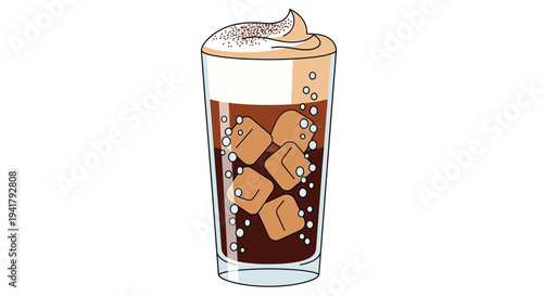 Iced coffee in a glass with whipped cream and ice cubes