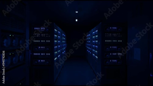 Dark data center server room with rows of blinking blue lights and high-tech equipment.
