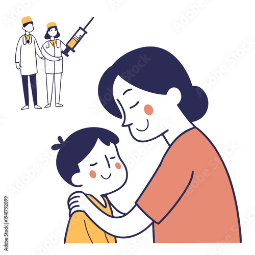 Mother comforting child before vaccination with healthcare professionals  