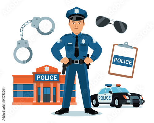Police officer equipment illustration, law enforcement professional with police gear representing public safety security service and crime prevention concept.