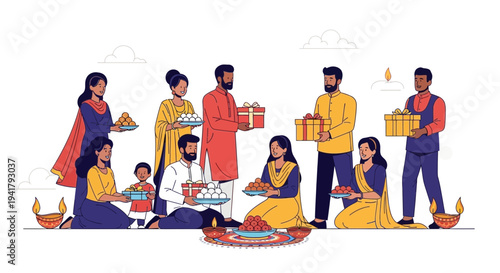 Happy Indian family celebrating Diwali with gifts and sweets together