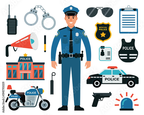 Police officer equipment illustration, police professional with tactical gear and law enforcement tools symbolizing security duty protection and authority.