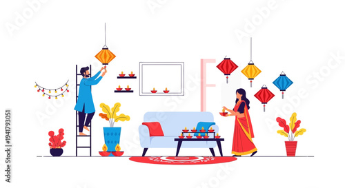 Couple decorating home with colorful lanterns and diyas for Diwali celebration