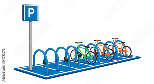 A parking sign above a blue bicycle rack with several bikes