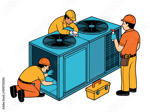 Three skilled HVAC technicians performing maintenance and repair on an outdoor air conditioning unit