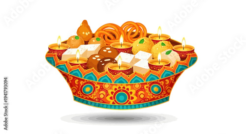 Vibrant Diwali sweets and candles in decorative bowl