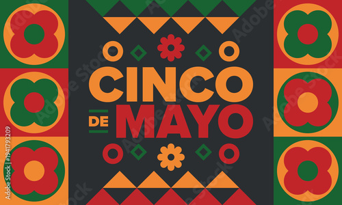 Cinco de Mayo in Mexico. Traditional mexican fiesta in May. National happy holiday with carnival, festival and parade. Latin american and spanish pattern. Illustration with sombrero. Vector poster
