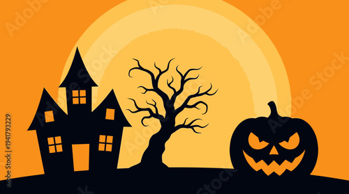 Spooky Halloween Background Illustration with Haunted House Silhouette, Bare Tree and Glowing Jack-o'-lantern against Orange Full Moon