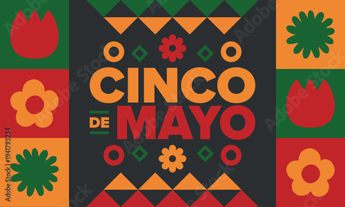 Cinco de Mayo in Mexico. Traditional mexican fiesta in May. National happy holiday with carnival, festival and parade. Latin american and spanish pattern. Illustration with sombrero. Vector poster