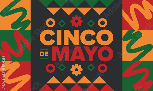 Cinco de Mayo in Mexico. Traditional mexican fiesta in May. National happy holiday with carnival, festival and parade. Latin american and spanish pattern. Illustration with sombrero. Vector poster