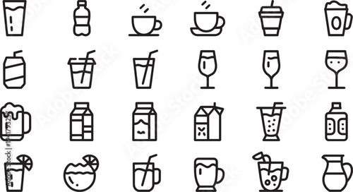 Various black and white drink including coffee, juice, and alcoholic beverages