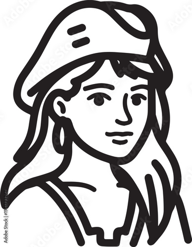 Hand Drawn Woman Pirate Black and White Avatar Illustration in Minimal Line Art Style Design