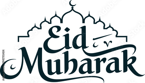 Elegant eid mubarak text with mosque silhouette and crescent moon design Vector