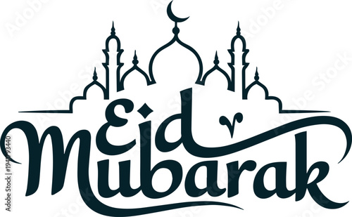 Elegant eid mubarak text with mosque silhouette and crescent moon design Vector