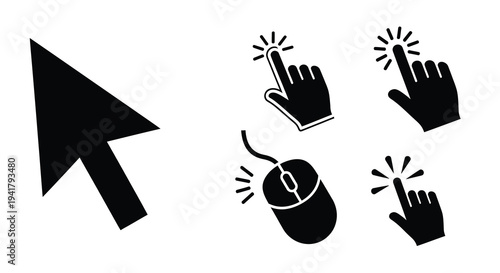 Computer cursor and hand gestures in a minimalist black silhouette