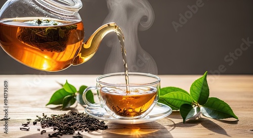 Hot tea being poured into a teacup with green leaves and steam rising