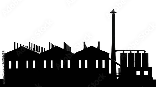 Industrial Factory Silhouette with Chimneys and Pipes Isolated on White Background - Minimalist Black and White Manufacturing Plant Architecture