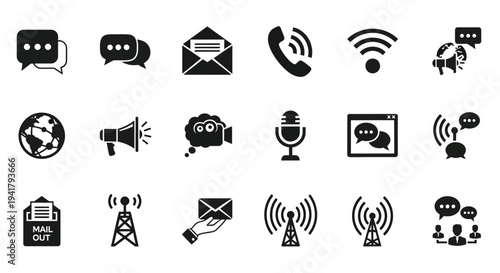 Collection of communication icons in black representing modern technology silhouette