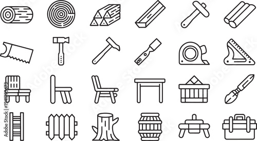 Woodworking tools and furniture in black and white line style line black and white