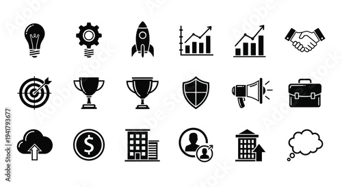 Collection of business and innovation icons in black silhouette