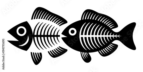 Two stylized fish skeletons, one black and one white, facing each other