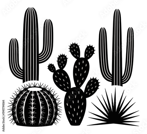 Black and White Cactus Silhouettes in a Desert Landscape