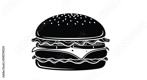A detailed black silhouette of a classic cheeseburger with sesame seeds