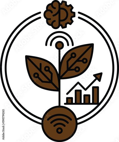 Smart agriculture analytics icon with connected plant circuit sensor signal brain and growth chart digital farming concept