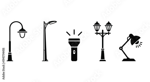 Various black light fixtures depicted in a minimalist silhouette