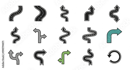 Collection of Winding Road and Arrow Icons for Navigation.