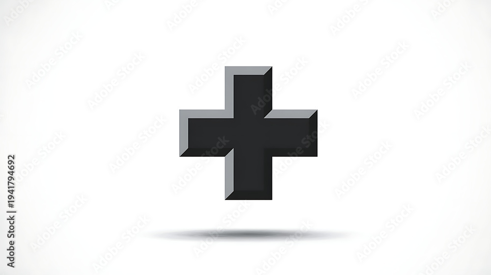 Fototapeta premium Black 3D Plus Sign with Shadow on White Background