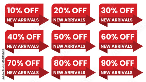 Red Speech Bubbles White Text Discount Percentages Range New Arrivals Retail Shopping Promotion Sale