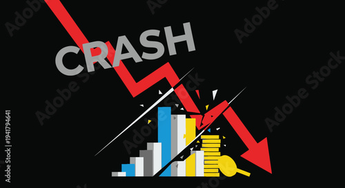 Financial collapse depicted with a crashing graph and bold text silhouette