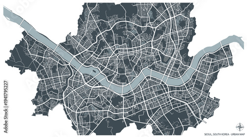 Minimalist Urban Street Map of Seoul, South Korea with Han River and Detailed Road Network