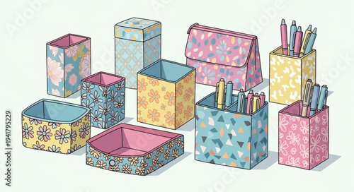 Collection of Decorative Paper Boxes and Organizers.