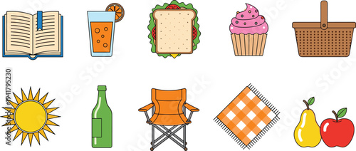 Picnic and outdoor leisure icon set featuring book, orange juice, sandwich, cupcake, basket, sun, bottle, folding chair, blanket, and fruit, vector.