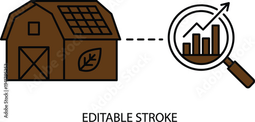 Smart farm analytics icon showing barn with solar panel magnifier chart growth and agricultural data monitoring