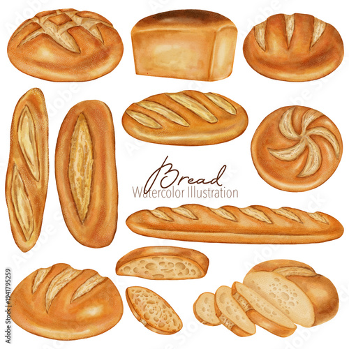 Foto Watercolor Illustration set featuring assorted white bread types: baguette, sliced loaf, round loaf, and buns